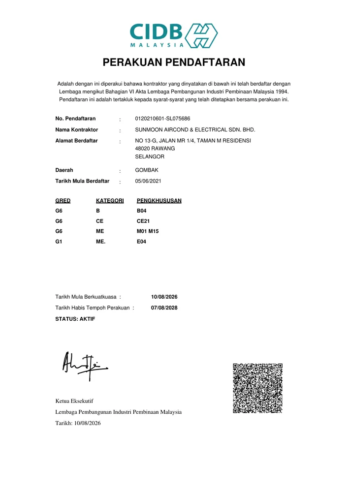 Sunmoon Aircond CIDB G6 contractor registration certificate
