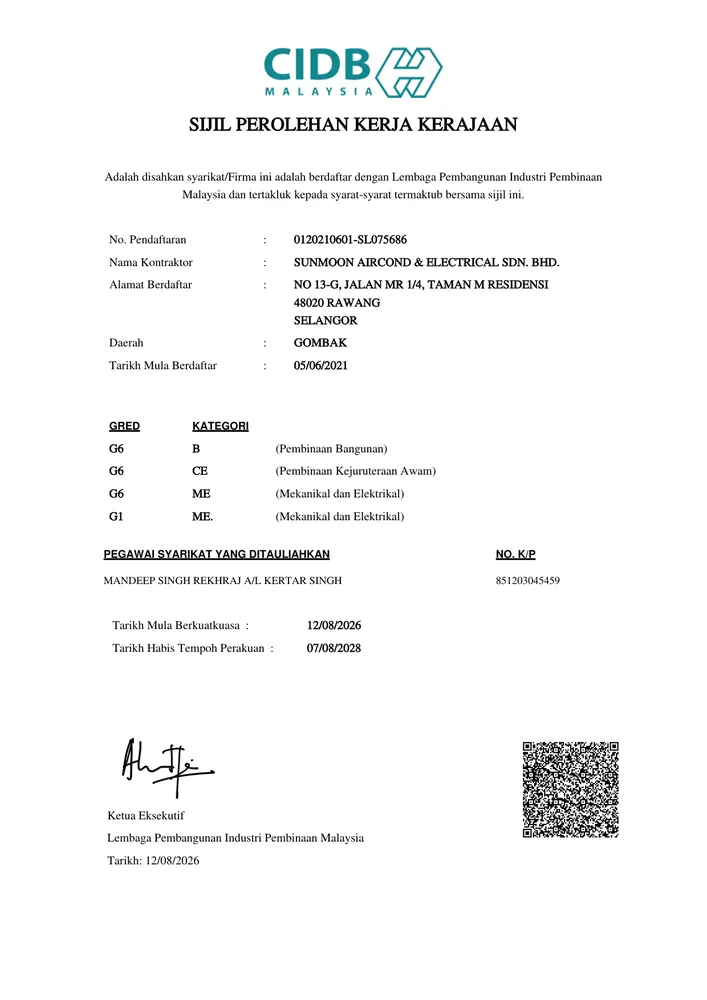 Sunmoon Aircond CIDB SPKK government works procurement certificate