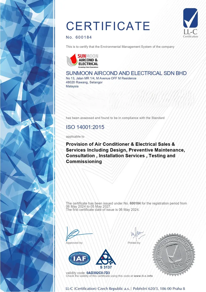 Sunmoon Aircond ISO 14001 environmental management certificate