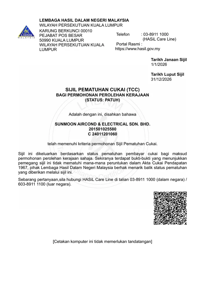 Sunmoon Aircond LHDN Tax Compliance Certificate 2026