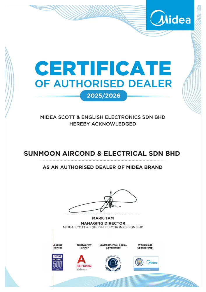 Sunmoon Aircond Midea authorised dealer certificate 2025 2026