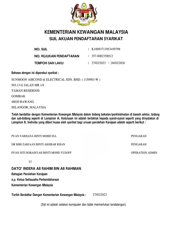 Sunmoon Aircond MyHIJAU Mark certificate for air conditioning maintenance and installation services