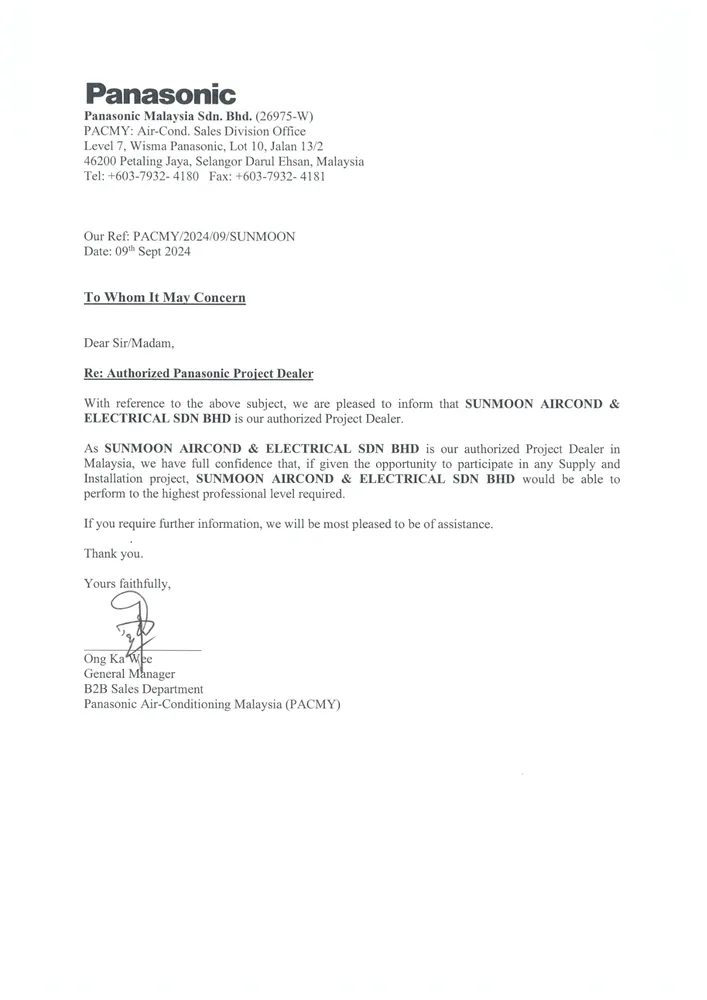 Sunmoon Aircond Authorized Panasonic Project Dealer letter