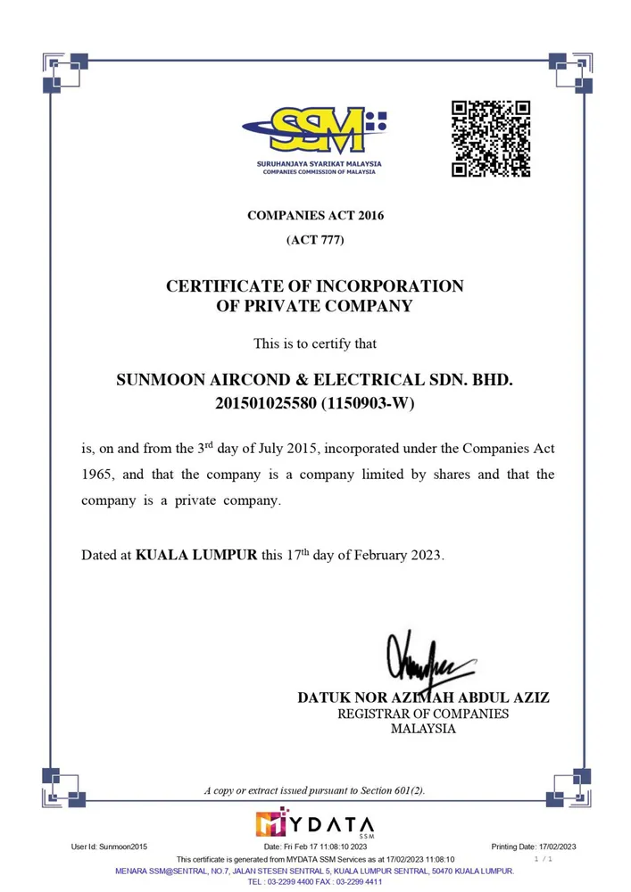Sunmoon Aircond SSM company registration document